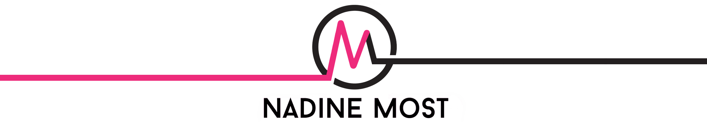 Nadine Most Logo mit einem N und einem M in Pink und Schwarz in einem Kreis, darunter der Name. Zwei lange farbige Linien führen das Logo zu den Seitenenden horizontal fort.