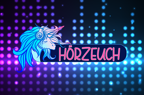 Hörzeuch Logo bestehend aus einem Einhorn mit Kopfhörern und Schriftzug auf buntem Hintergrund, der eine Wave-Form als Punkte abbildet